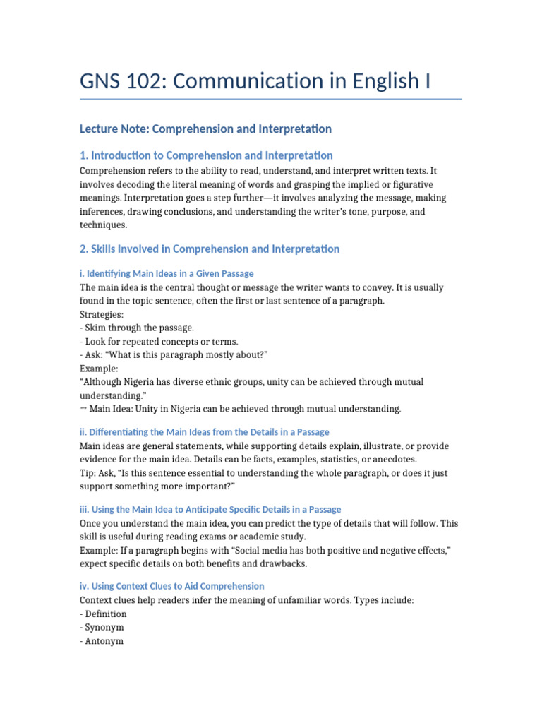 Comprehension and Interpretation Skills | PDF | Reading Comprehension ...