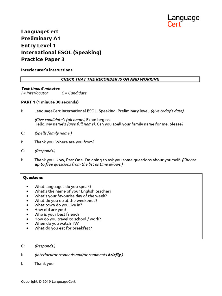 LanguageCert A1 ESOL Speaking Practice | PDF