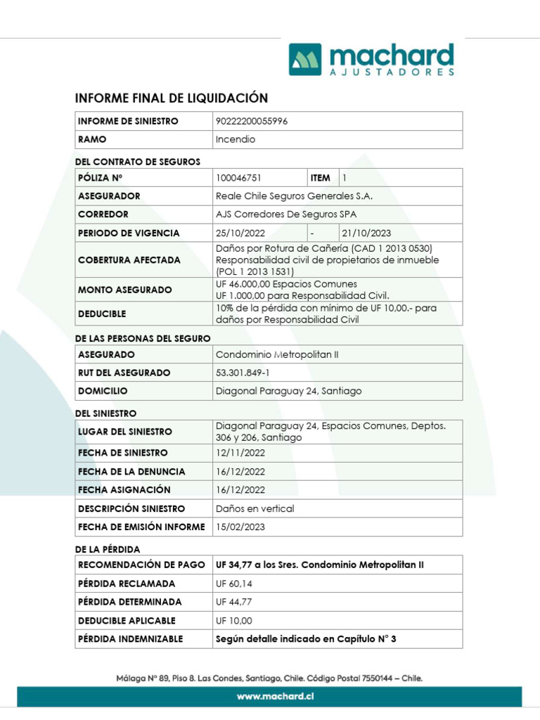 Informe de Siniestro por Daños de Agua | PDF | Póliza de seguros | Seguro
