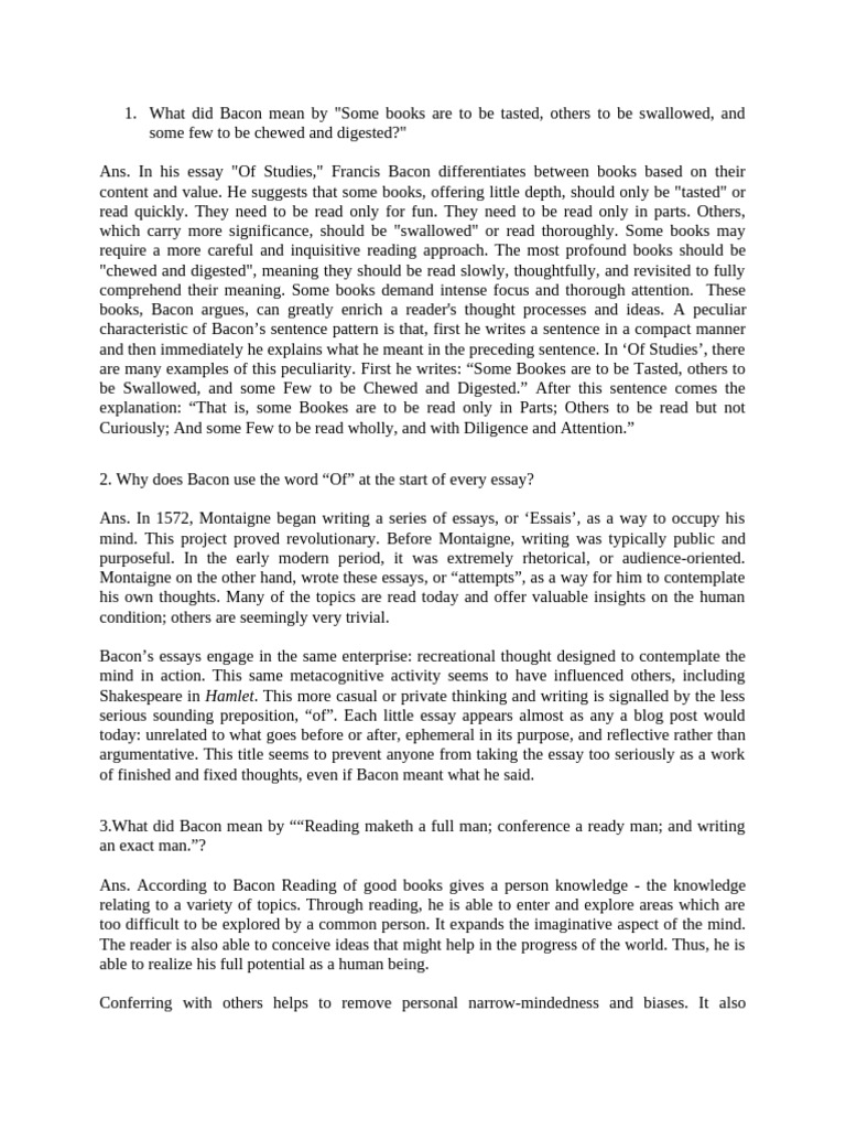 Bacon's Views on Reading and Learning | PDF | Essays | Thought