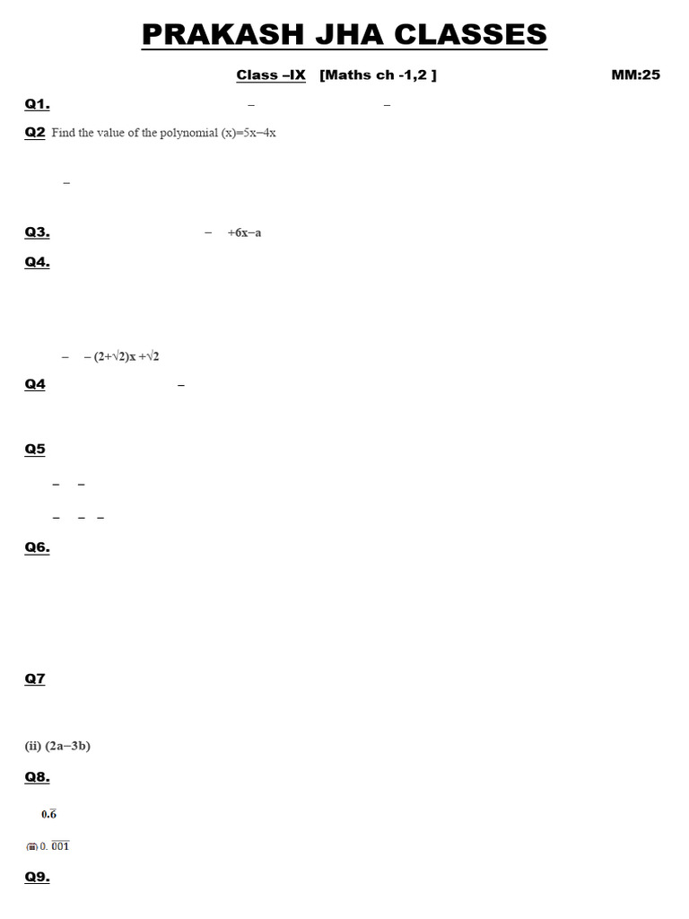 PJC Maths CH 1, 2 Test | PDF