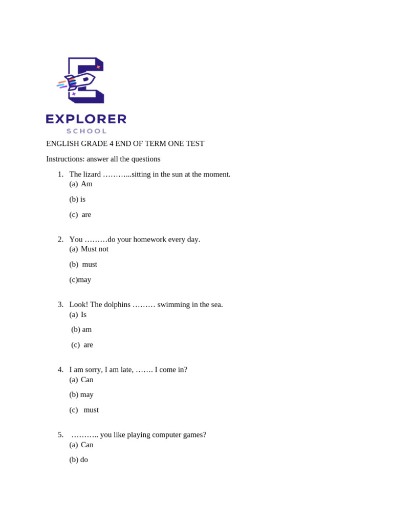 Grade 4 English Term 1 Test Questions Pdf