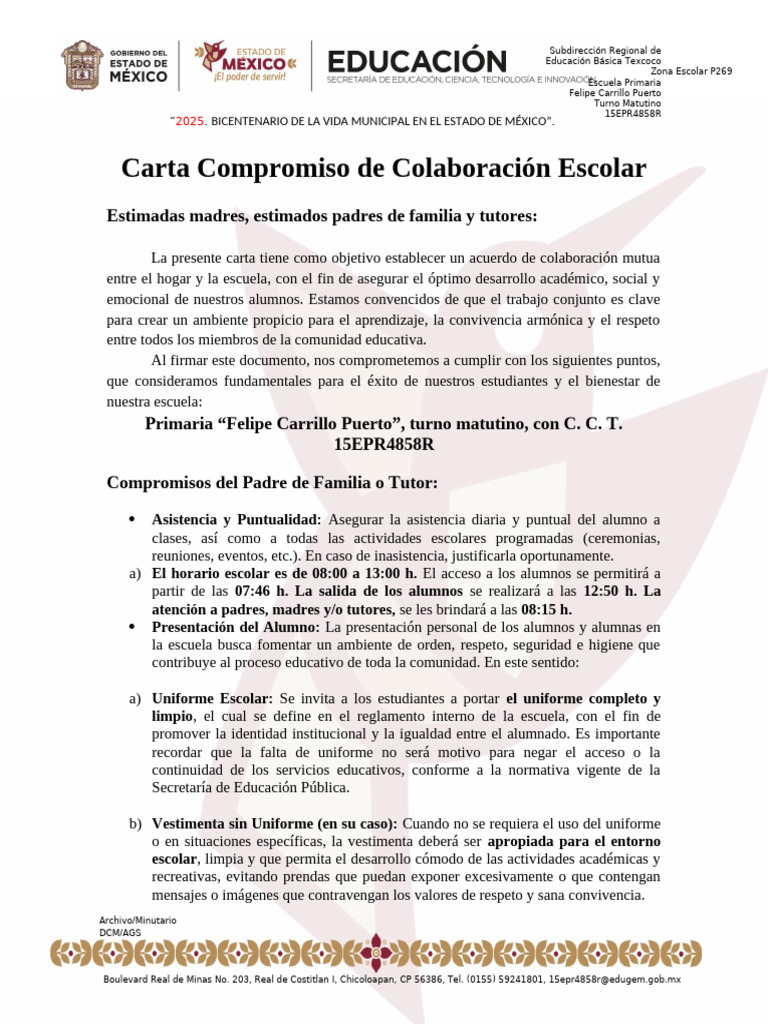 Carta Compromiso para Padres de Familia | PDF | Escuelas | Educación ...