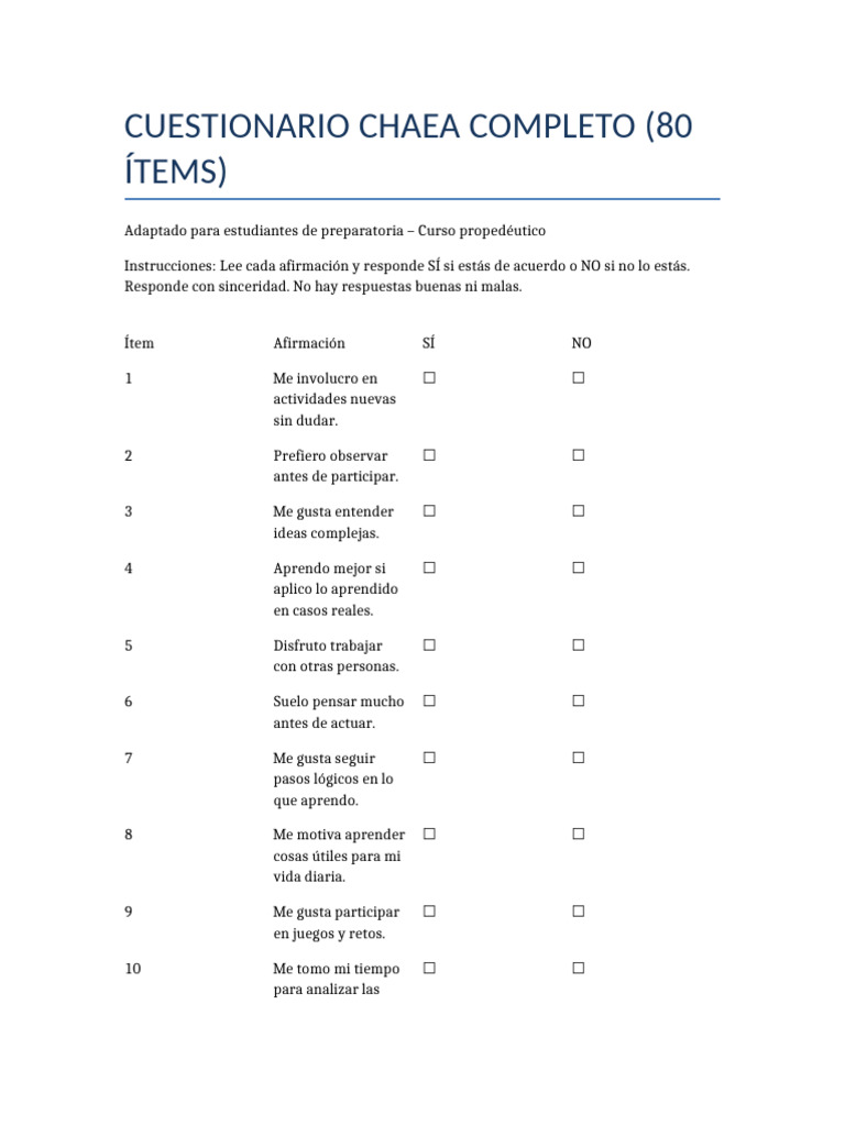 Cuestionario CHAEA Completo Adolescentes | PDF | Teoría