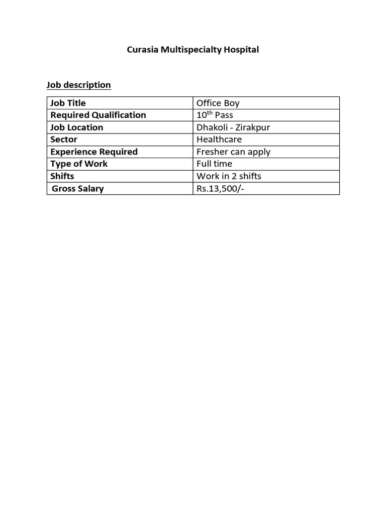 Office Boy Position at Curasia Hospital | PDF