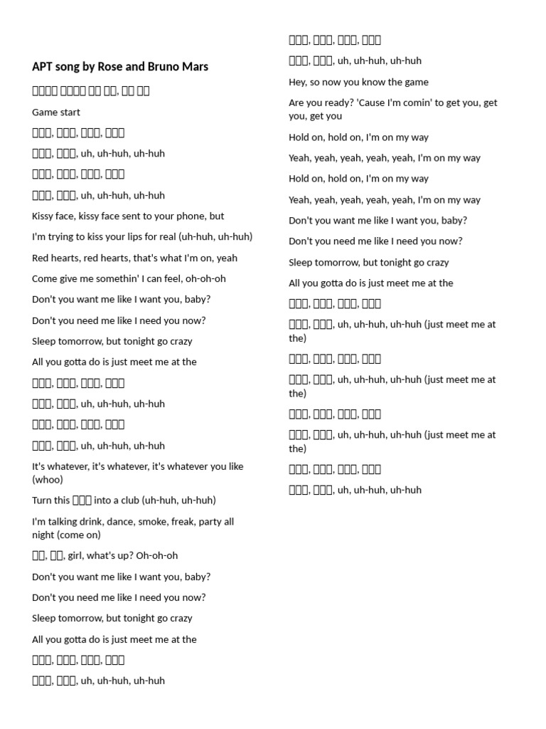 Apt Song By Rose And Bruno Mars Pdf