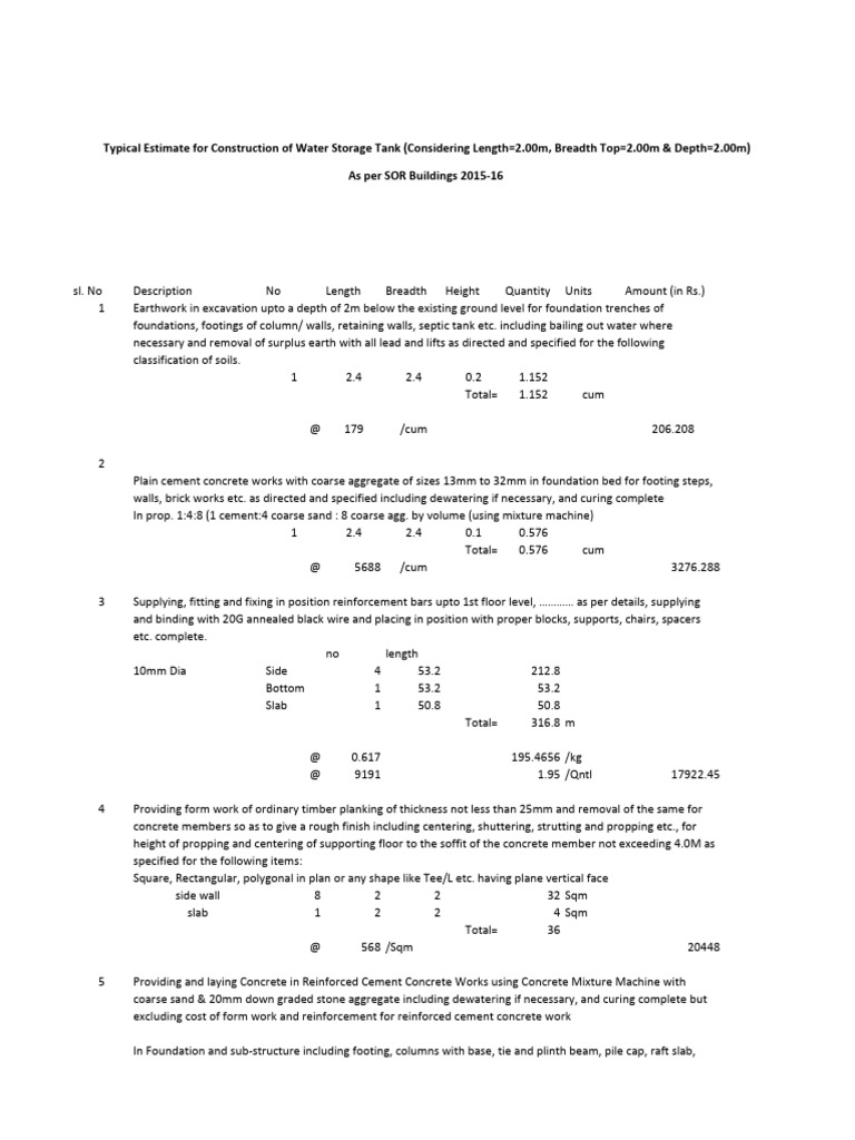 Construction Estimate for Water Tank | PDF | Concrete | Deep Foundation