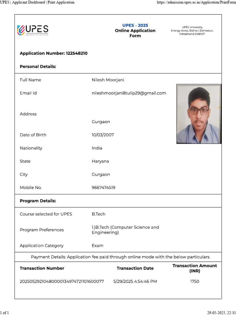 UPES - Applicant Dashboard - Print Application | PDF