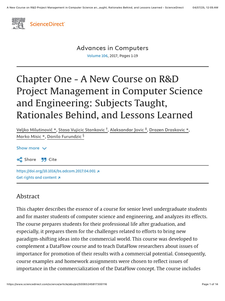 A New Course On R&D Project Management in Computer Science and ...