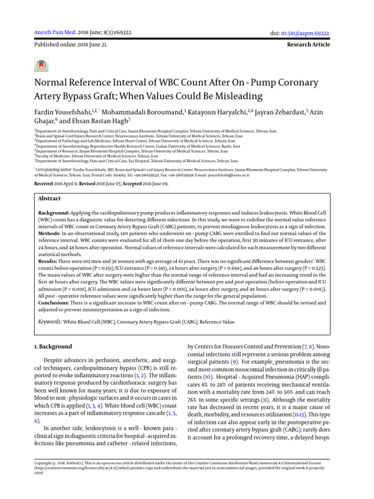 Normal Reference Interval of WBC Count After On - Pump Coronary Artery ...