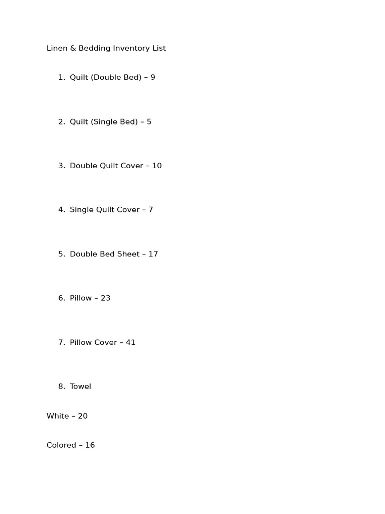 Housekeeping Linen Inventory List | PDF