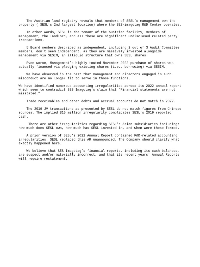 SESL Financial Irregularities Exposed | PDF