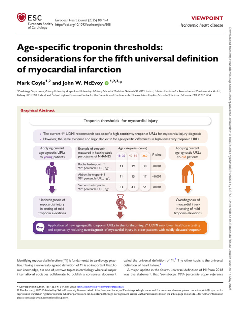Age-Specific Troponin Thresholds for MI | PDF | Cardiovascular Diseases ...