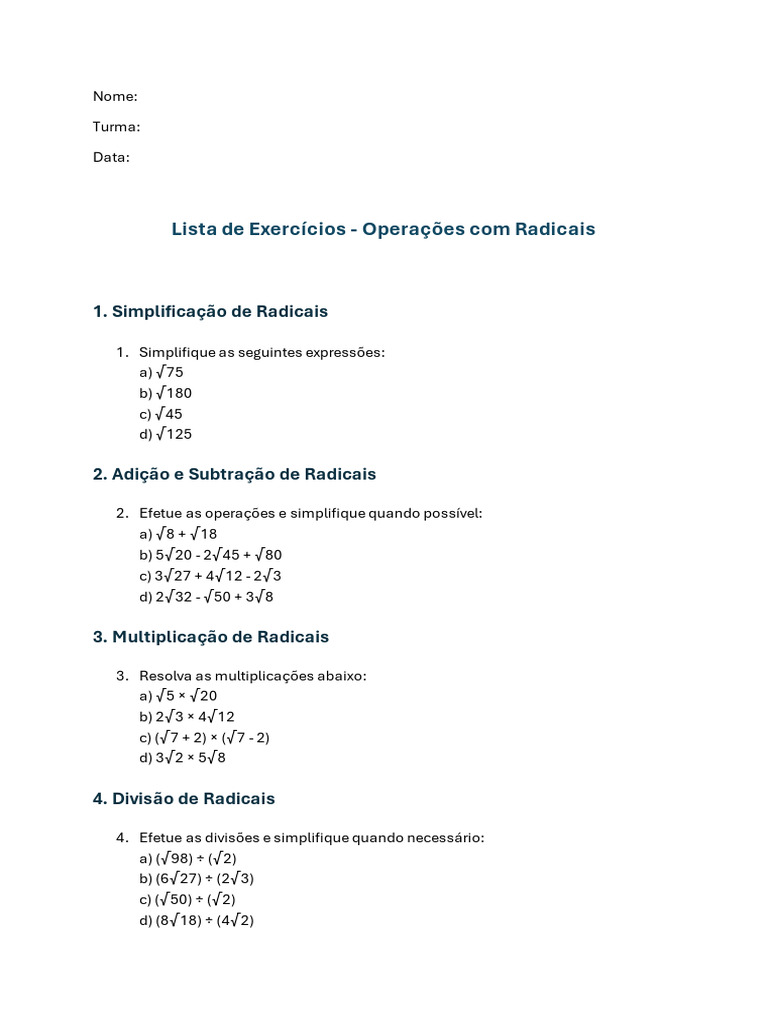 Exercícios de Operações com Radicais | PDF