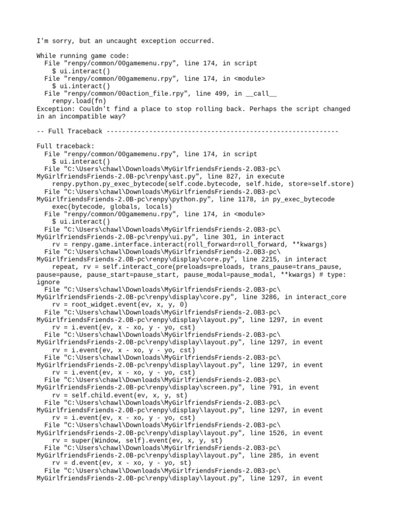 Ren'Py Rollback Error in MyGF 2.0B | PDF | Computer Programming