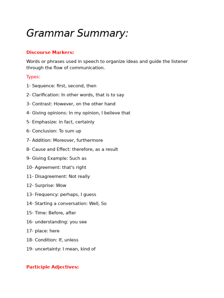 Grammar Guide: Discourse Markers & Clauses | PDF | Adverb | Adjective