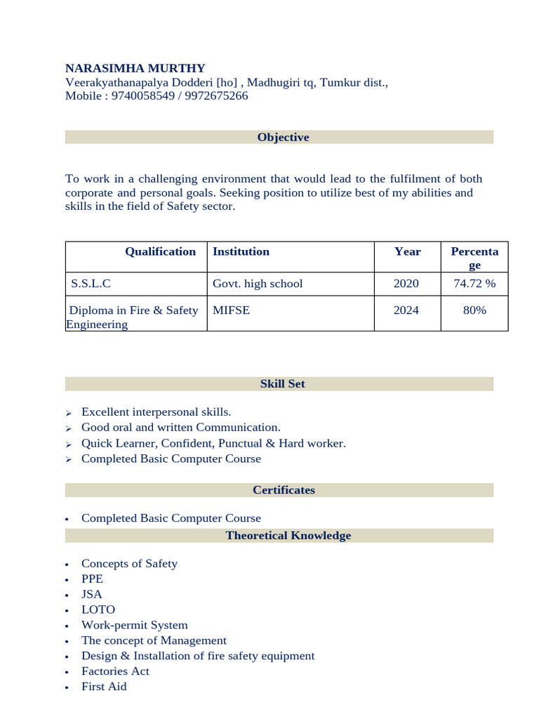 Safety Sector Resume of Narasimha Murthy | PDF