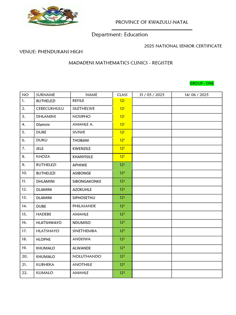 Madadeni Mathematics Clinics Register 2025 | PDF | Chess Theory | Chess ...