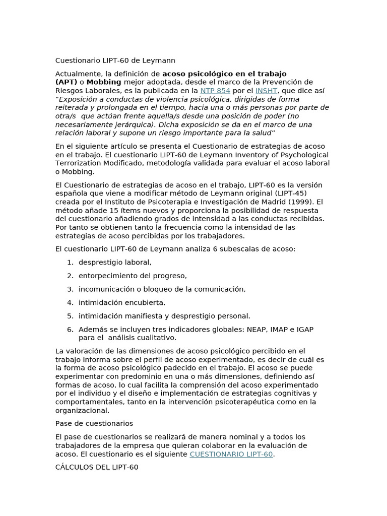 Cuestionario LIPT-60 sobre Acoso Laboral | PDF | Psicología Aplicada ...