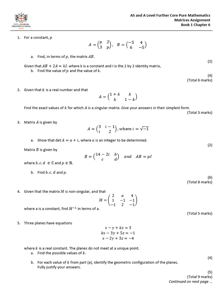 FCP BK 1 CH 6 Matrices Qns | PDF | Matrix (Mathematics) | Abstract Algebra