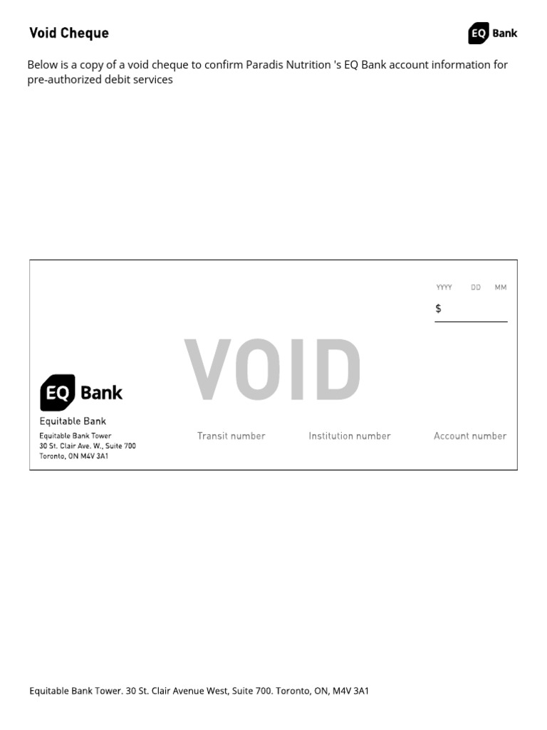 EQ Bank Void Cheque for Paradis Nutrition | PDF