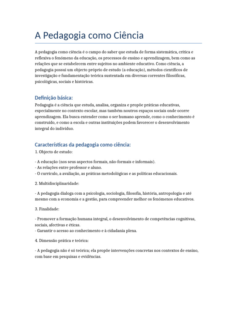 Pedagogia: Ciência da Educação e Aprendizagem | PDF | Pedagogia | Science