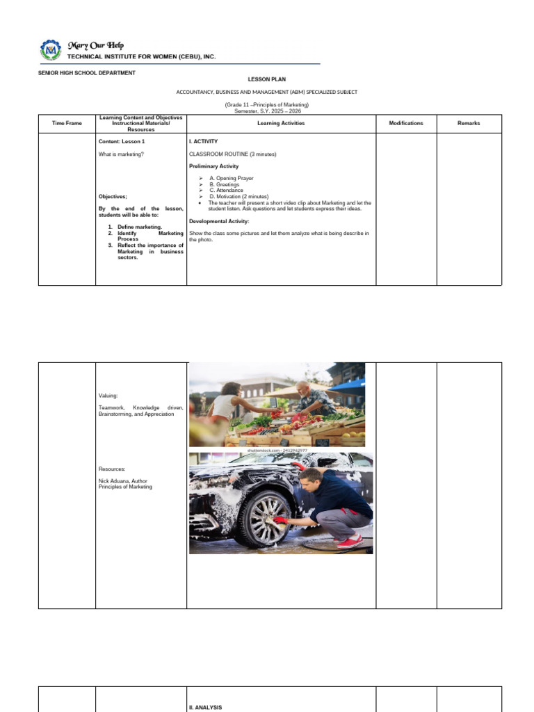LESSON PLAN Principles of Marketing | PDF | Marketing | Lesson Plan