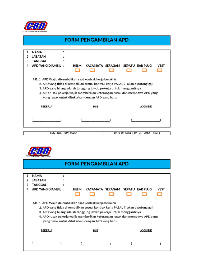 Formulir Pengambilan APD Karyawan | PDF