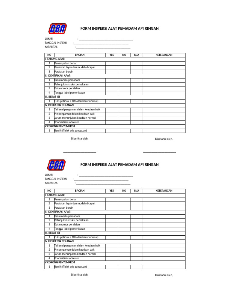 Formulir Inspeksi APAR Ringan | PDF