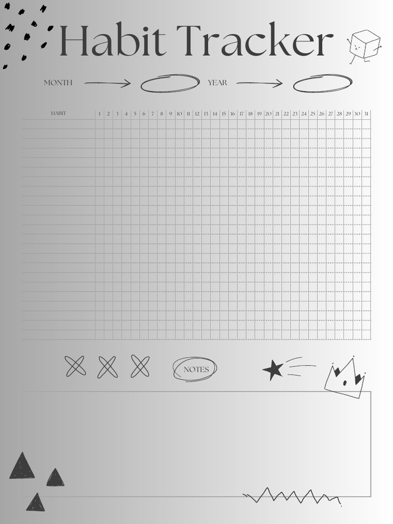 Black and White Fun Doodle Style Habit Tracker Monthly Planner | PDF