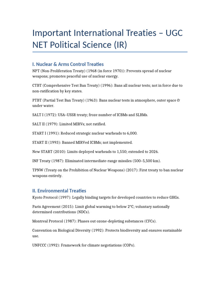 Key International Treaties Overview | PDF | Nuclear Weapons | World ...