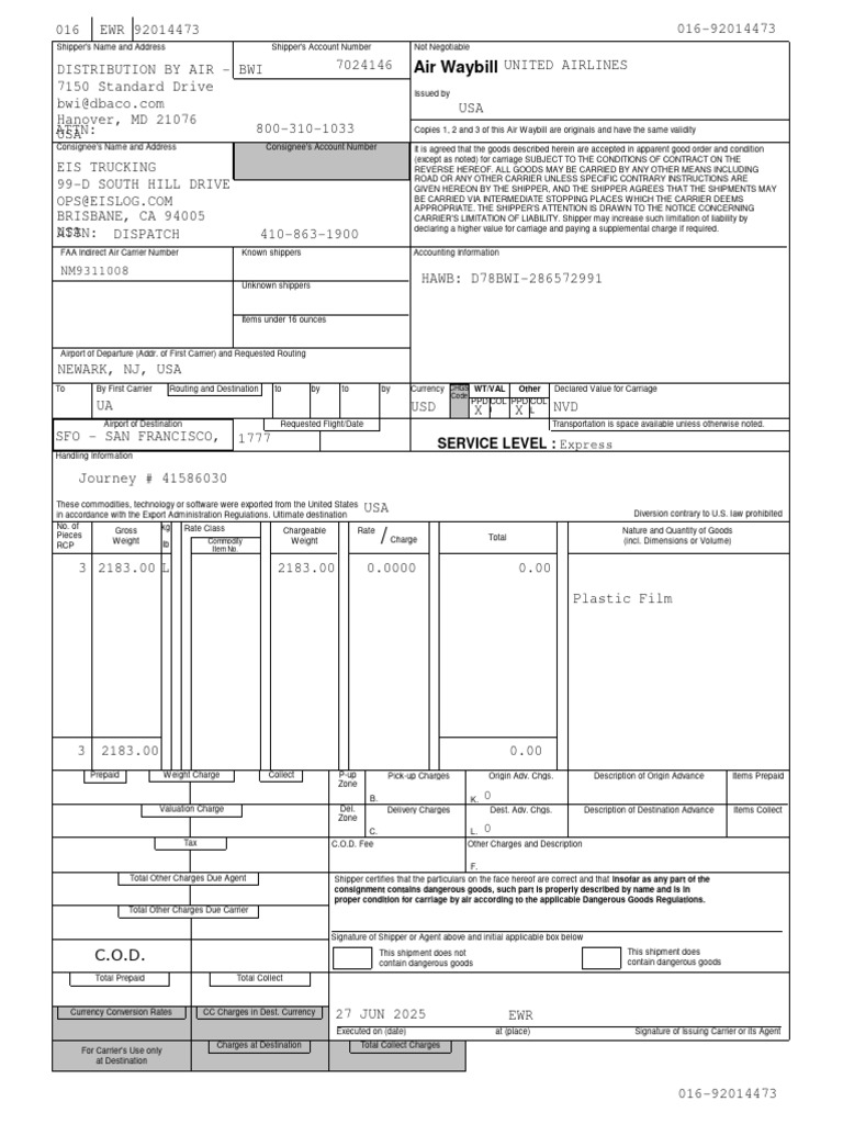 Air Waybill Shipping Document Template | PDF