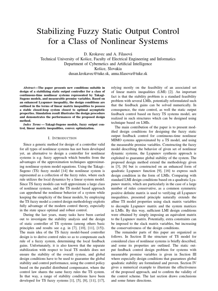 Stabilizing Fuzzy Static Output Control For A Class of Nonlinear ...