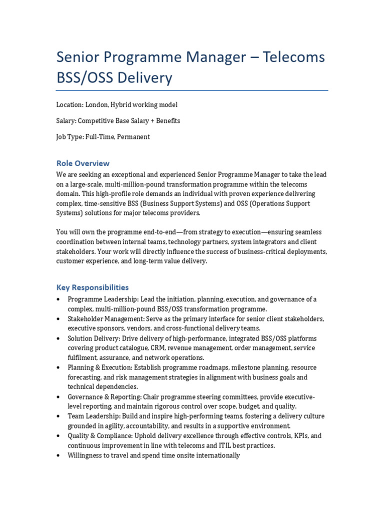 Senior Programme Manager - Telecoms Role | PDF | Governance | Leadership