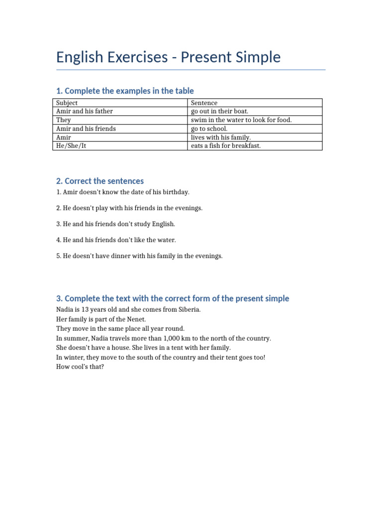 Present Simple English Exercises | PDF