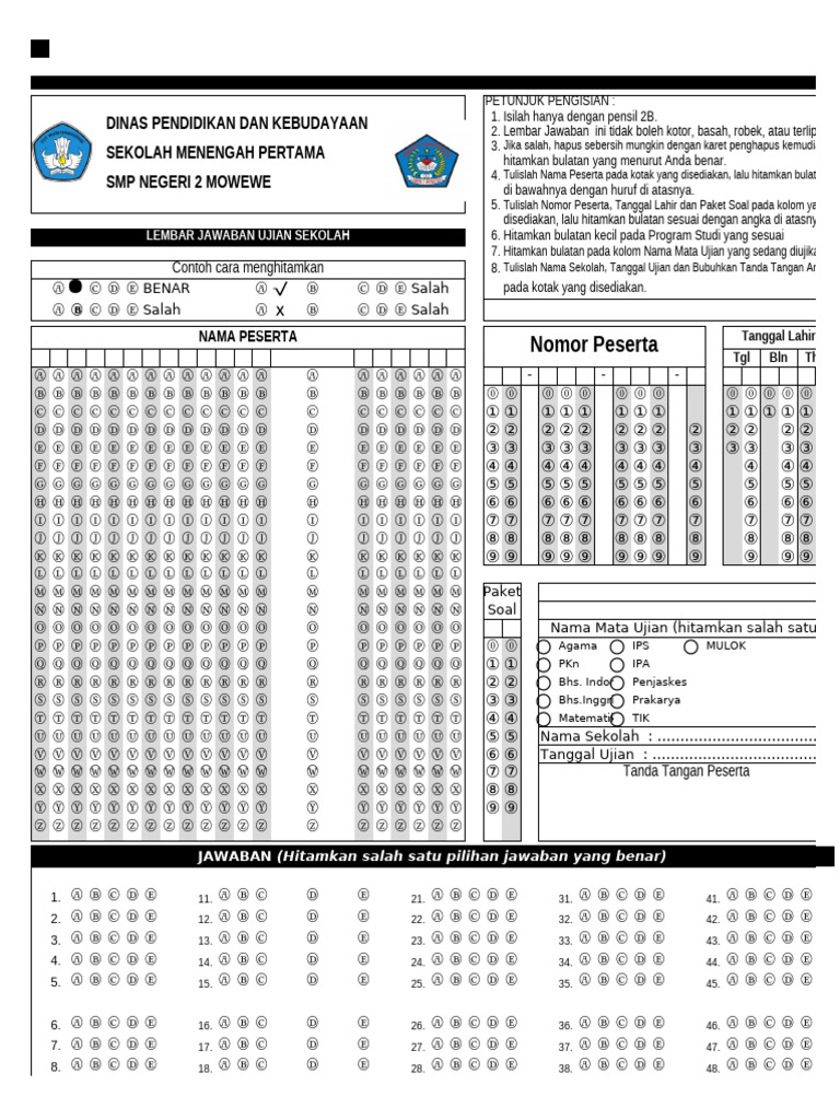 Format LJK Ujian Sekolah SMP | PDF