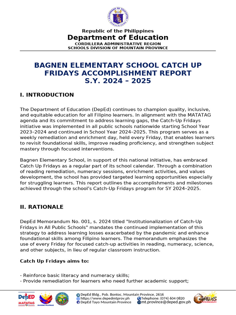 Bagnen Elementary School Catch-Up Report | PDF | Learning | Literacy