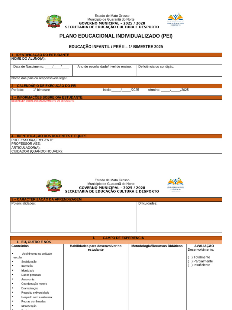 Plano Educacional Individualizado 2025 | PDF | Pré-escola | Aprendizado