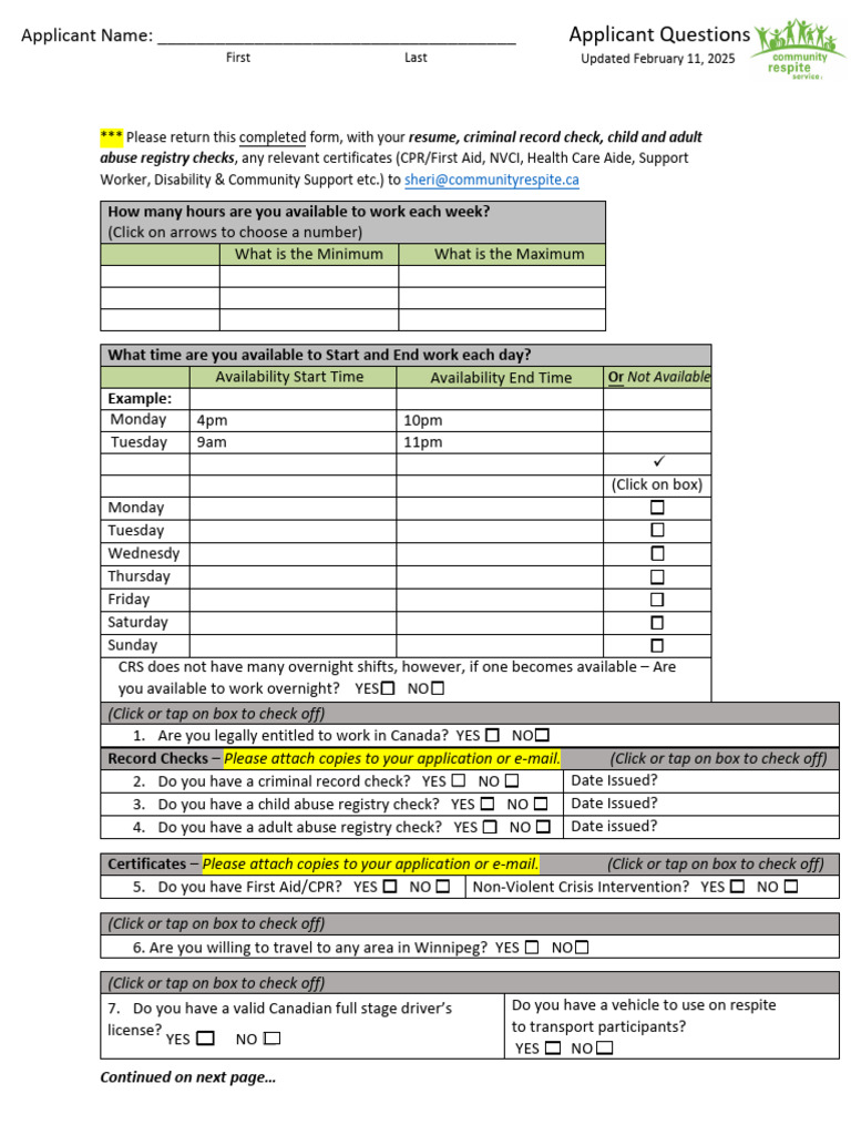 Respite Support Worker Application Form | PDF | Pet | Animals And Humans
