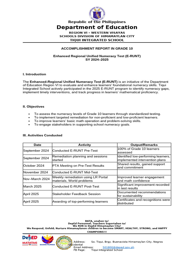 Tiqui Integrated School E-RUNT Report 2025 | PDF | Education Theory ...