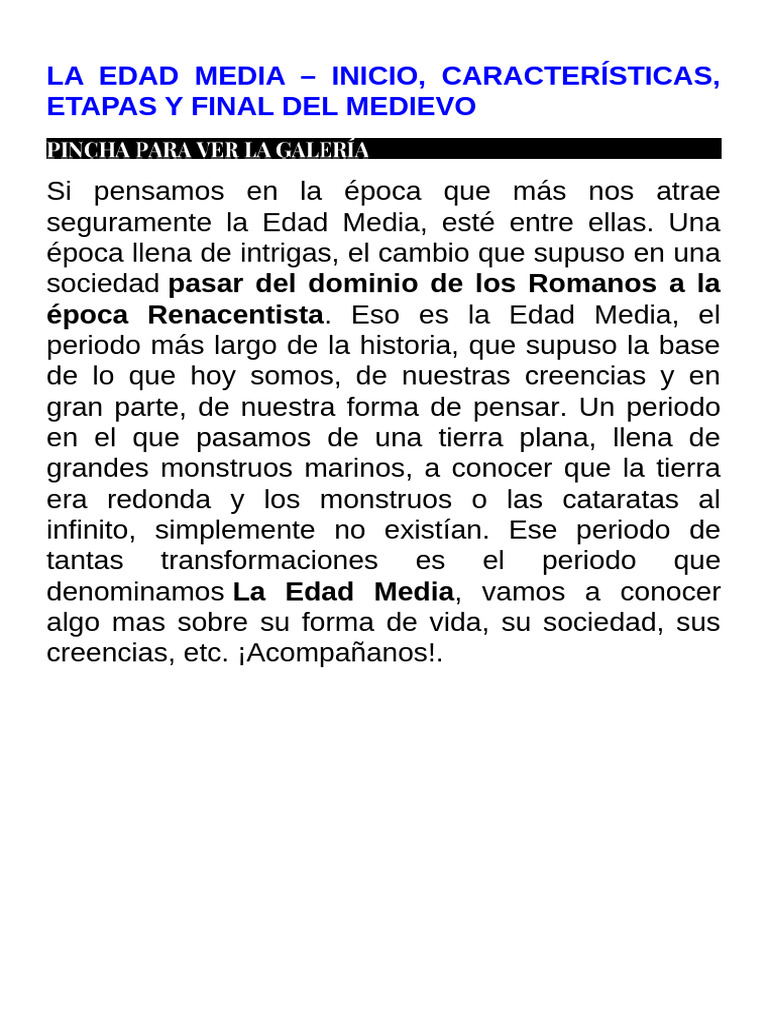 Historia y características de la Edad Media | PDF | Edades medias ...