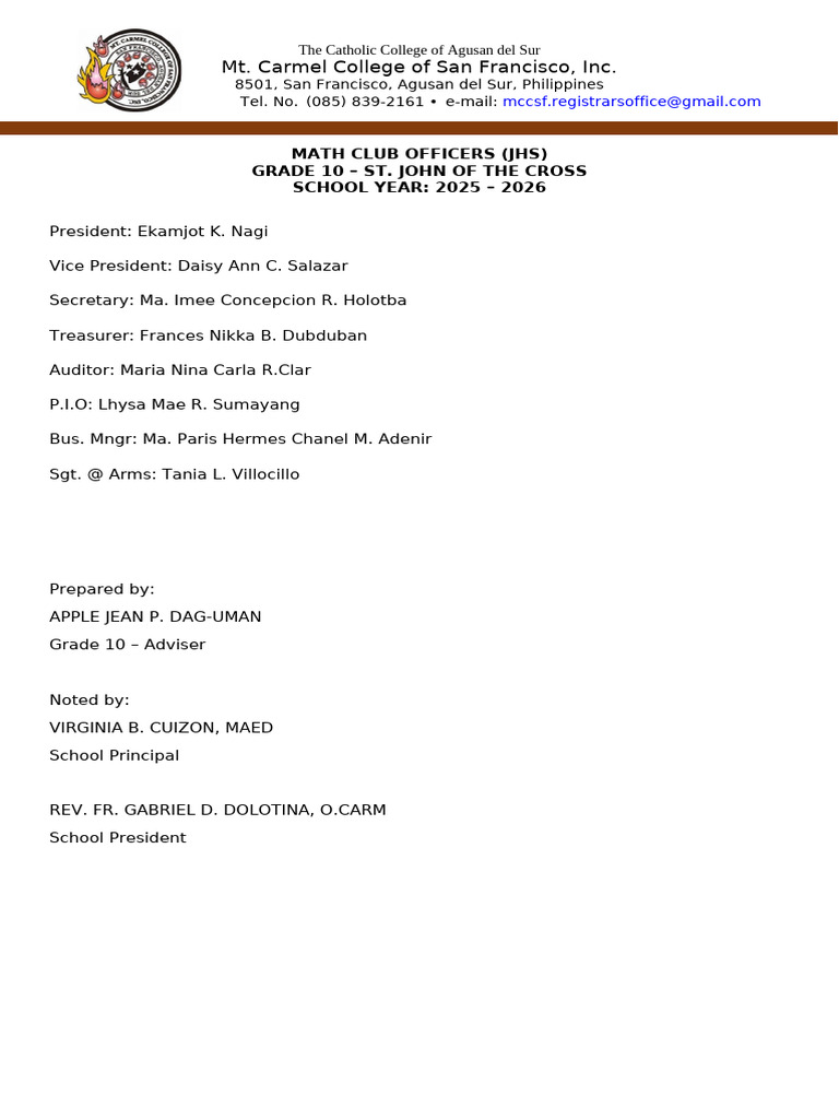 Math Club Officers 2025-2026 | PDF