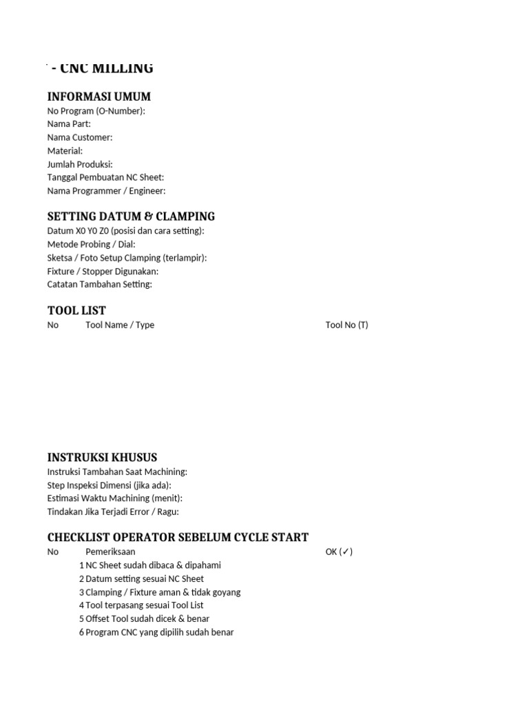 Template NC Sheet CNC Milling | PDF