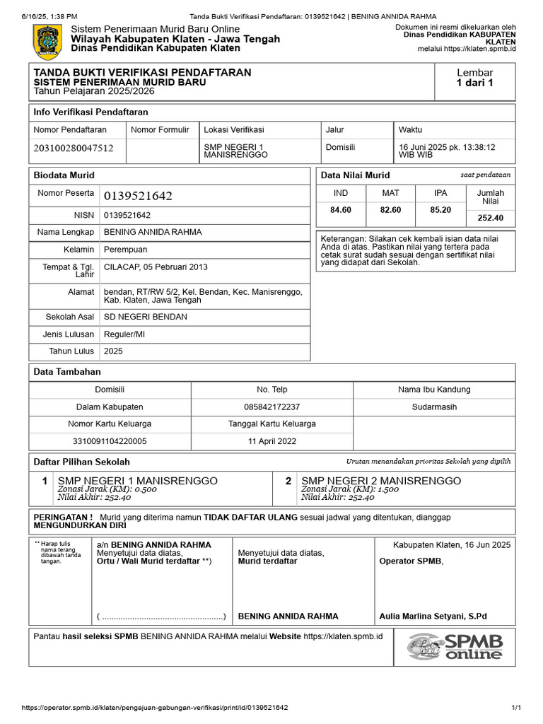 Tanda Bukti Verifikasi Pendaftaran - 0139521642 - BENING ANNIDA RAHMA | PDF