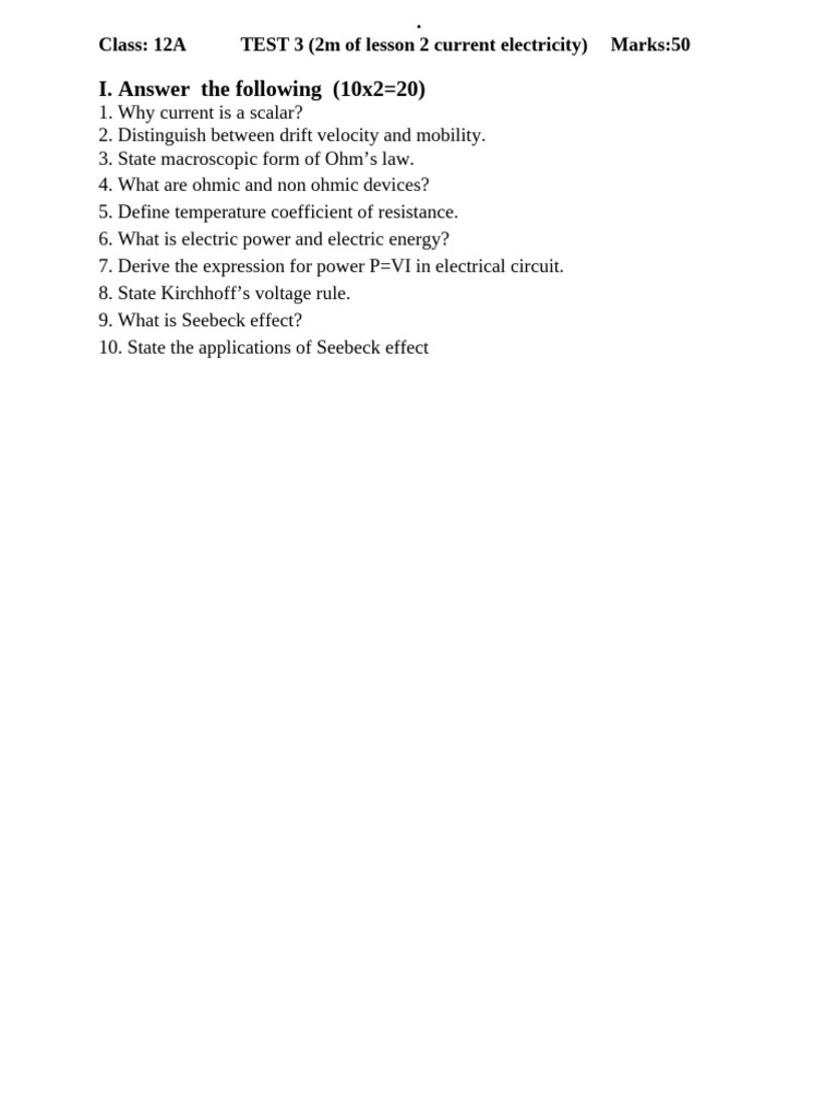 12 TH Phy TEST 3 LN 2 Two Marks in Current Electricity | PDF