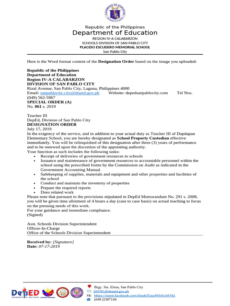 Designation Order for Teacher III | PDF