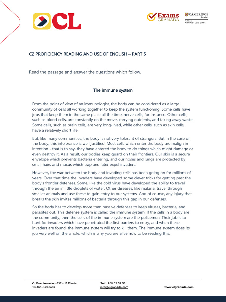 c2 Proficiency Reading & Uoe Part 5 - The Immune System | PDF | Immune ...