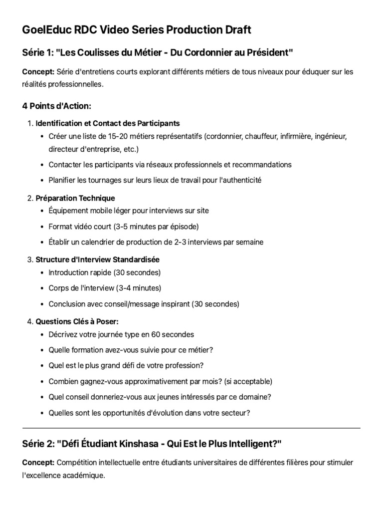 Production Vidéo Éducative RDC: Métiers et Compétitions | PDF