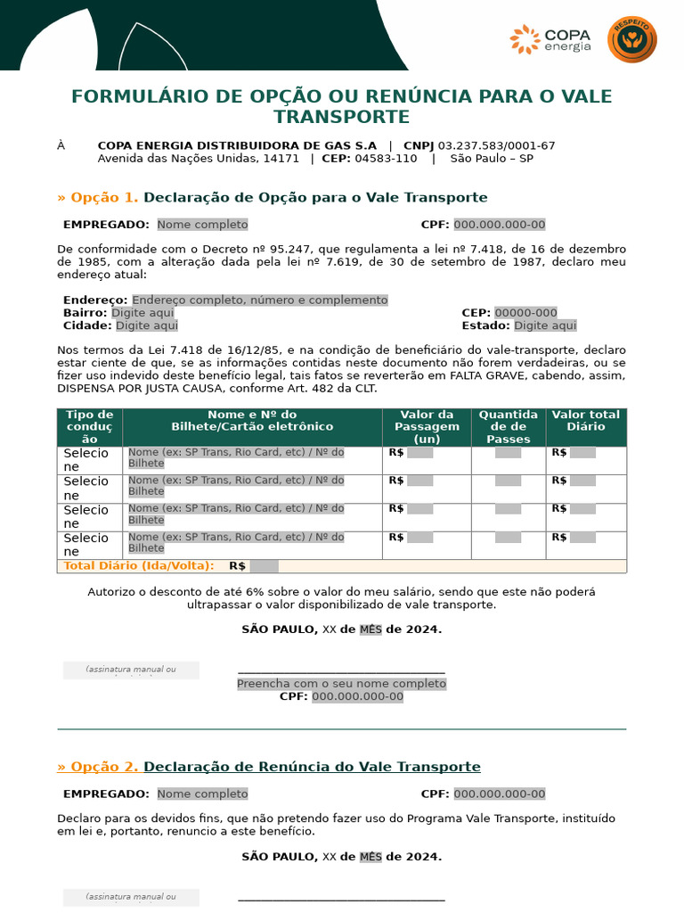 Modelo 1 - Formulário Vale Transporte Preenchimento Digital | PDF