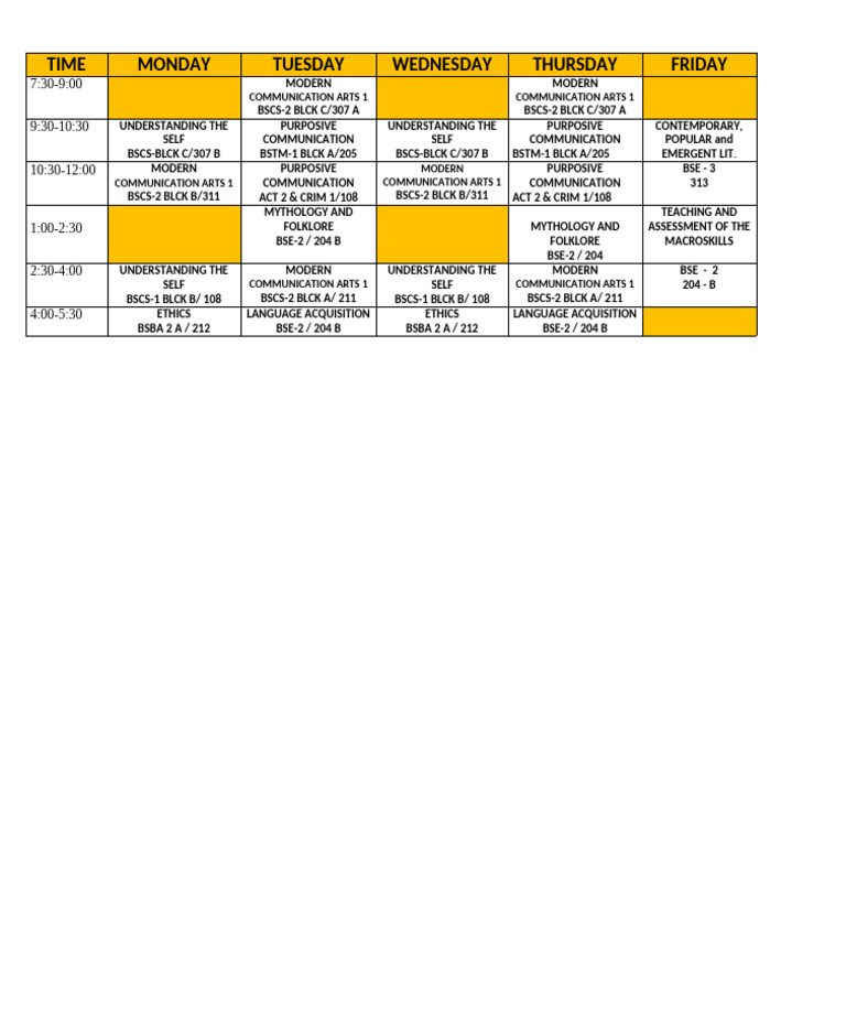 Weekly Class Schedule Overview | PDF